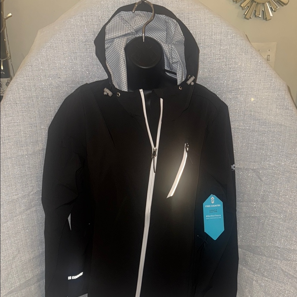 Brand New Free Country Black Bomber Jacket with Hood and Reflective Detail